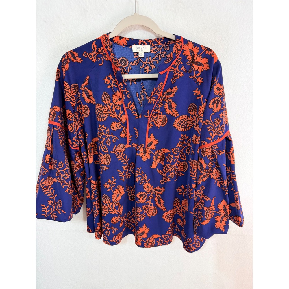 Umgee Blouse Floral Bell Sleeve Women's S Blue Orange Paisley Peasant Boho